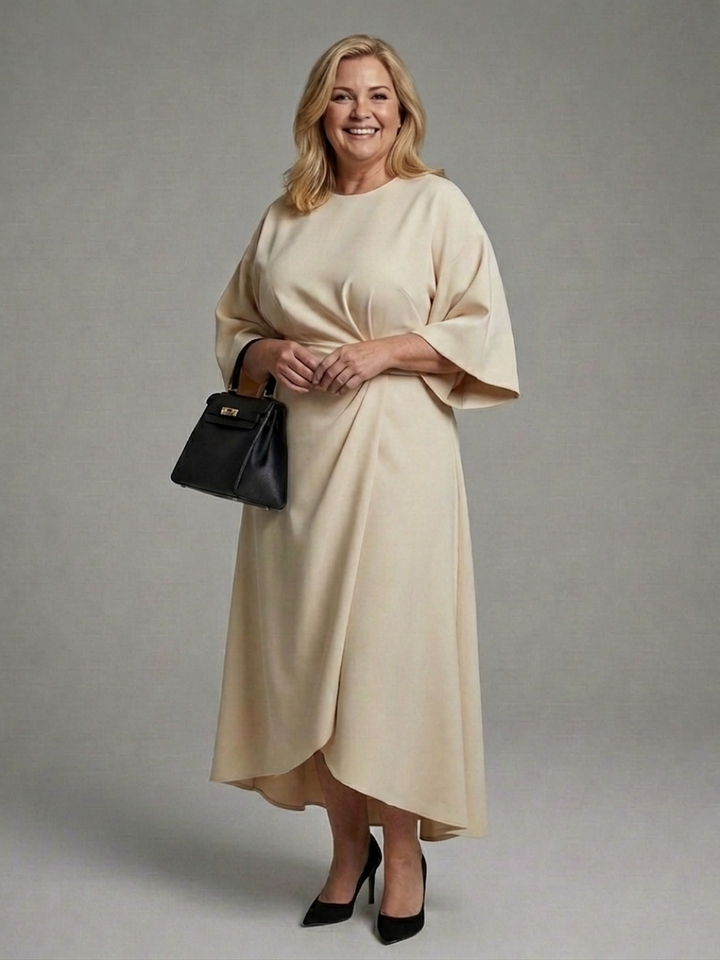Amina | Asymmetrical Midi Dress with Coat Sleeve and Defined Waist