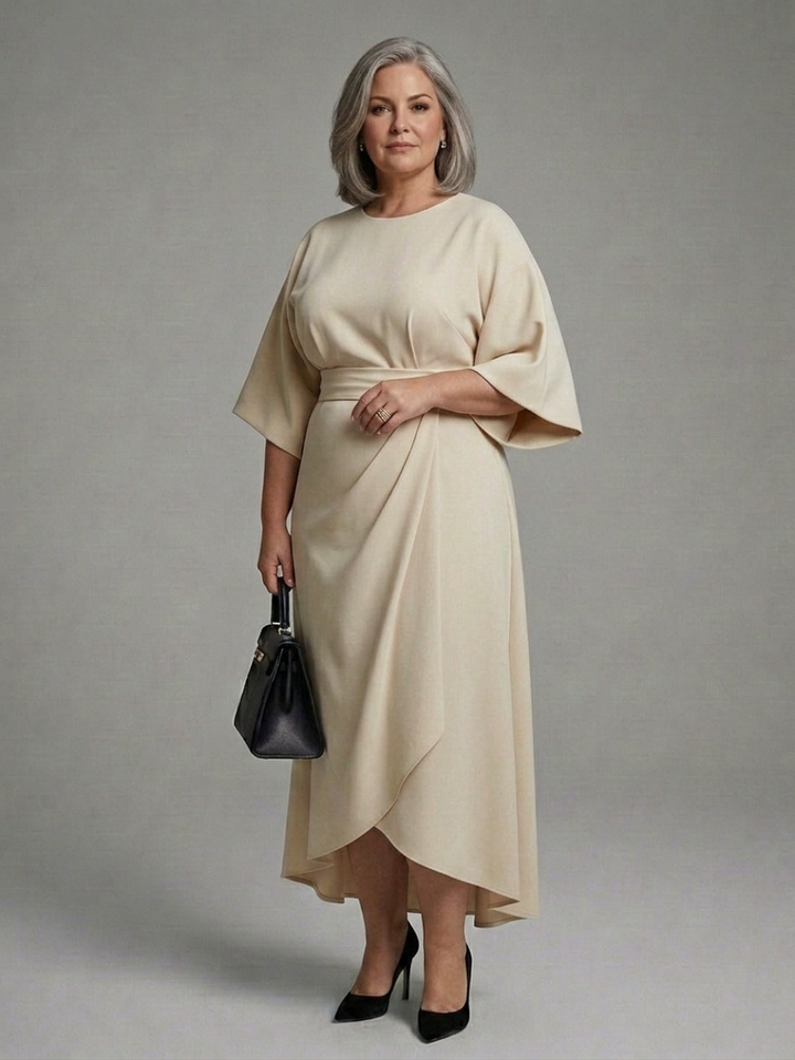 Amina | Asymmetrical Midi Dress with Coat Sleeve and Defined Waist