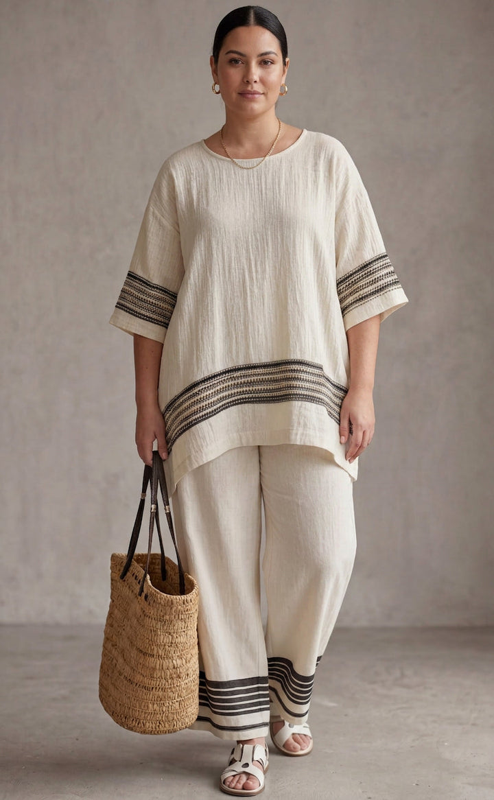 Genevieve — Top Elegant Linen With Black Stripes &amp; Flowing Trousers