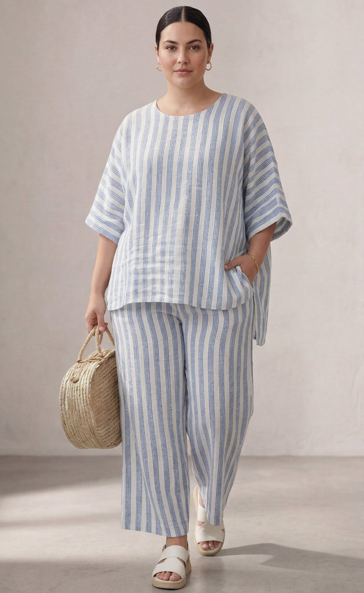 Calliope — Top Sophisticated Linen With Blue Stripes &amp; Relaxed Trousers