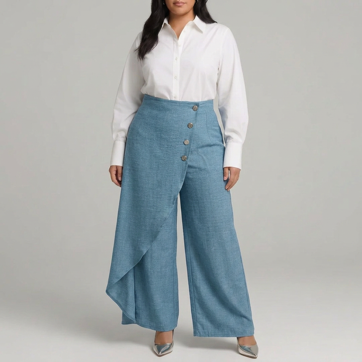 High-Waisted Wrap-Front Wide-Leg Trousers with Decorative Button Detail