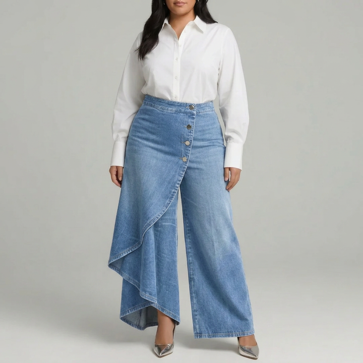 High-Waisted Wrap-Front Wide-Leg Trousers with Decorative Button Detail
