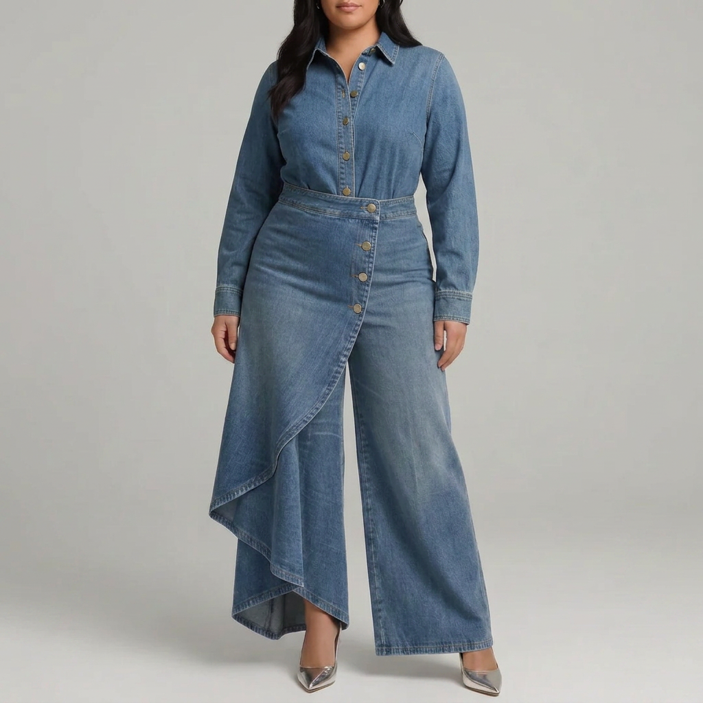 High-Waisted Wrap-Front Wide-Leg Trousers with Decorative Button Detail
