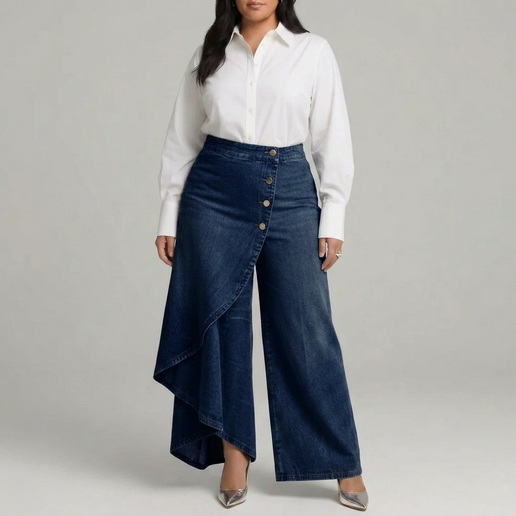 High-Waisted Wrap-Front Wide-Leg Trousers with Decorative Button Detail