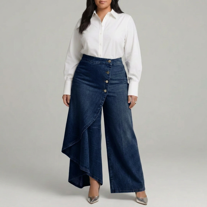 High-Waisted Wrap-Front Wide-Leg Trousers with Decorative Button Detail