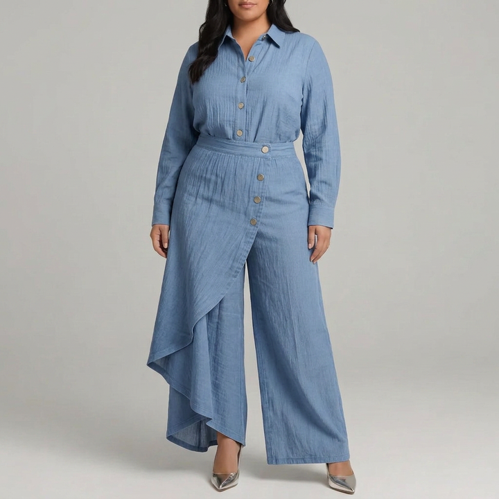 High-Waisted Wrap-Front Wide-Leg Trousers with Decorative Button Detail