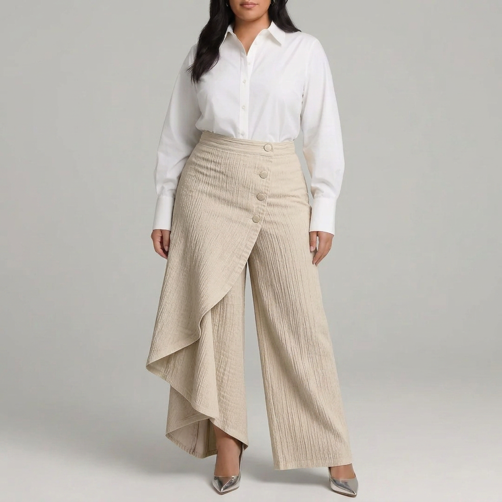 High-Waisted Wrap-Front Wide-Leg Trousers with Decorative Button Detail