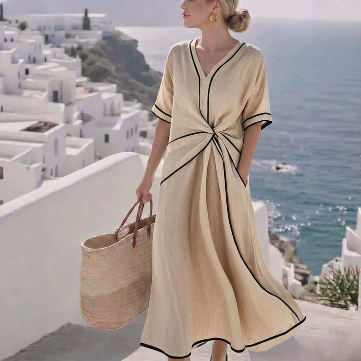 Elara Twist-Front V-Neck Maxi Dress: Relaxed Elegance for Every Occasion