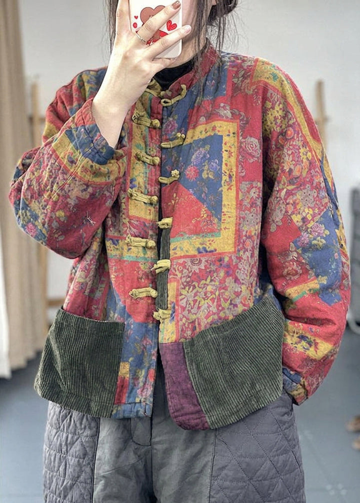 Colette - Vintage Red Pockets Button Print Fall Long sleeve Coat