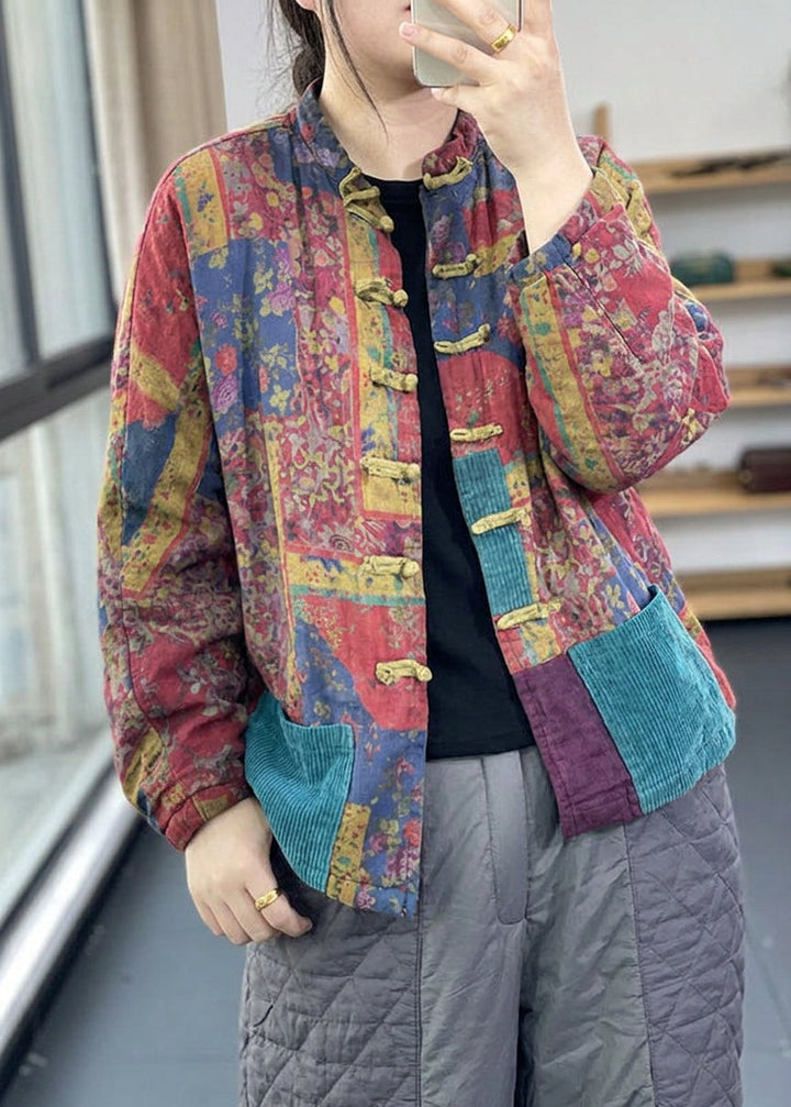 Colette - Vintage Red Pockets Button Print Fall Long sleeve Coat
