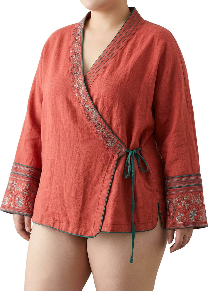 Pernille - Women Red Embroideried Long sleeve Linen Shirt