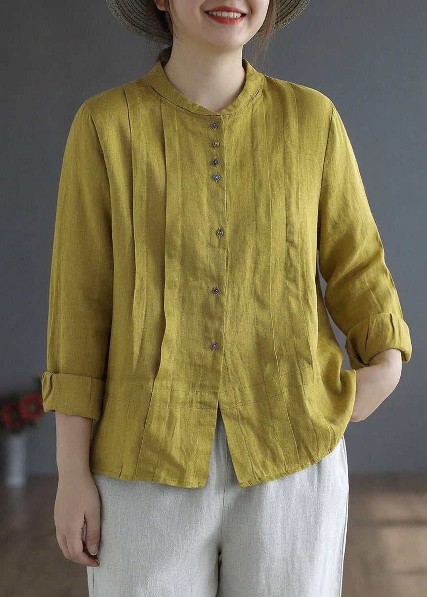 Marguerite - Women Yellow Elegant Button Fall Top Long Sleeve Linen