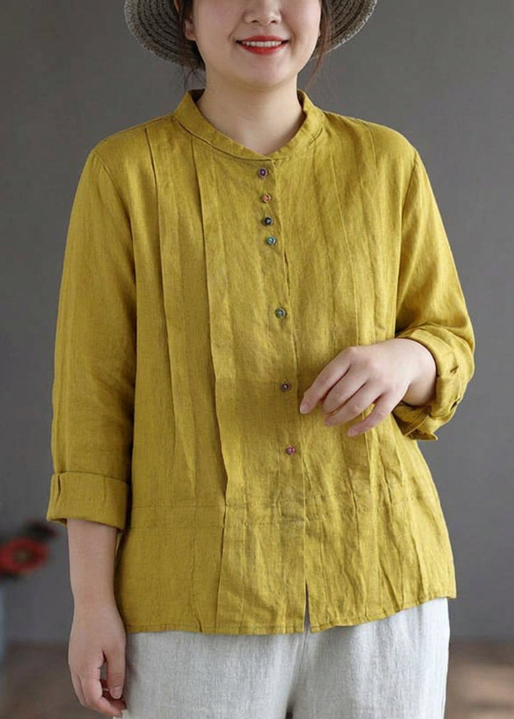 Marguerite - Women Yellow Elegant Button Fall Top Long Sleeve Linen