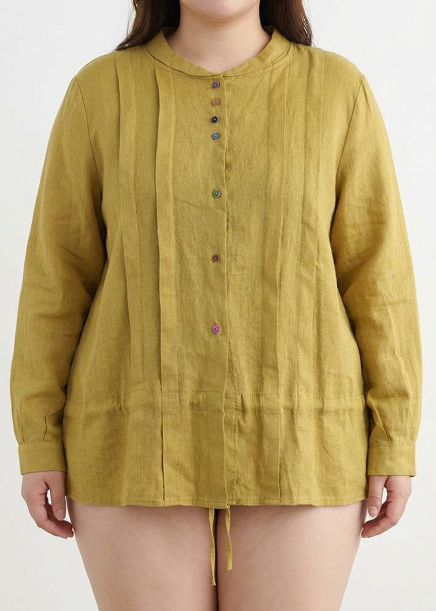 Marguerite - Women Yellow Elegant Button Fall Top Long Sleeve Linen