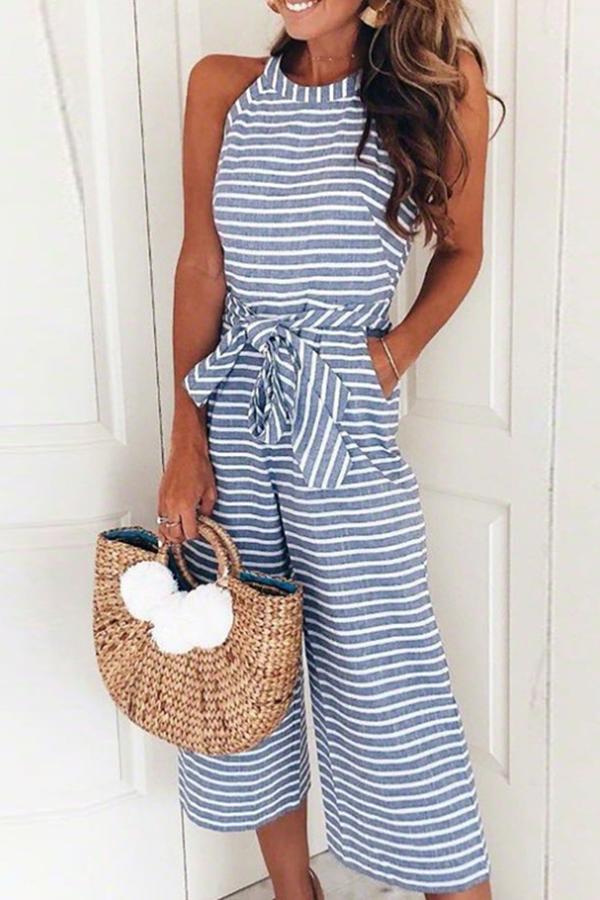 Olwen - Pretty Striped Tie Waist Jumpsuit