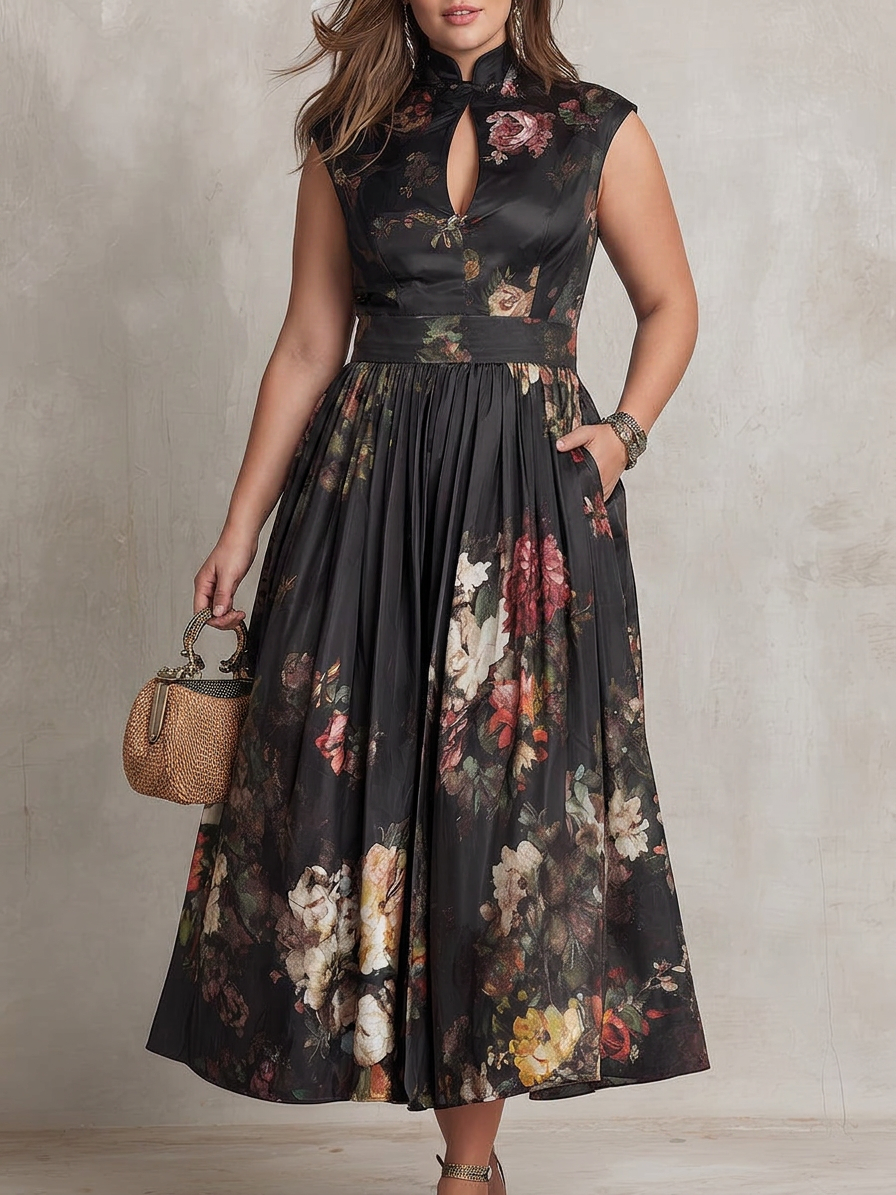 Hana | Black Floral Satin Pleated Midi Dress