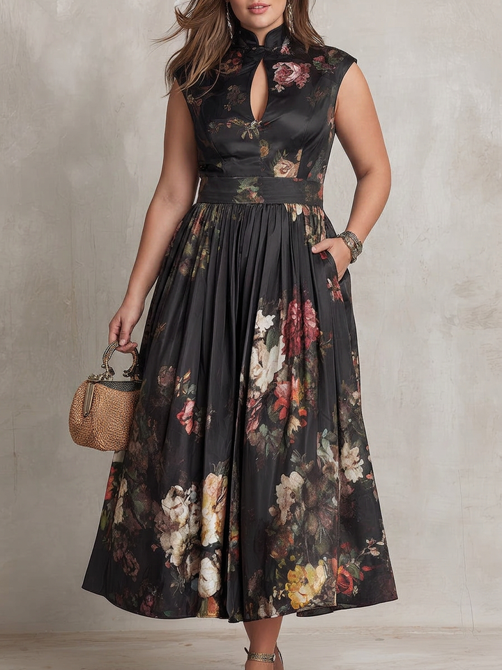 Hana | Black Floral Satin Pleated Midi Dress