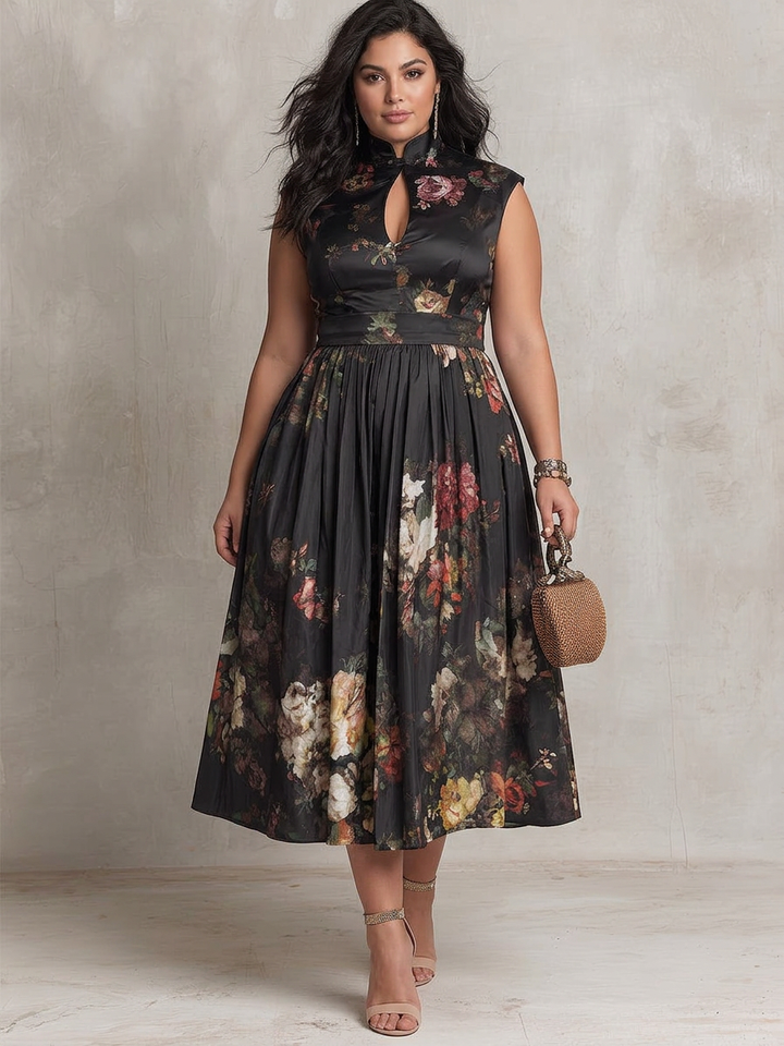 Hana | Black Floral Satin Pleated Midi Dress