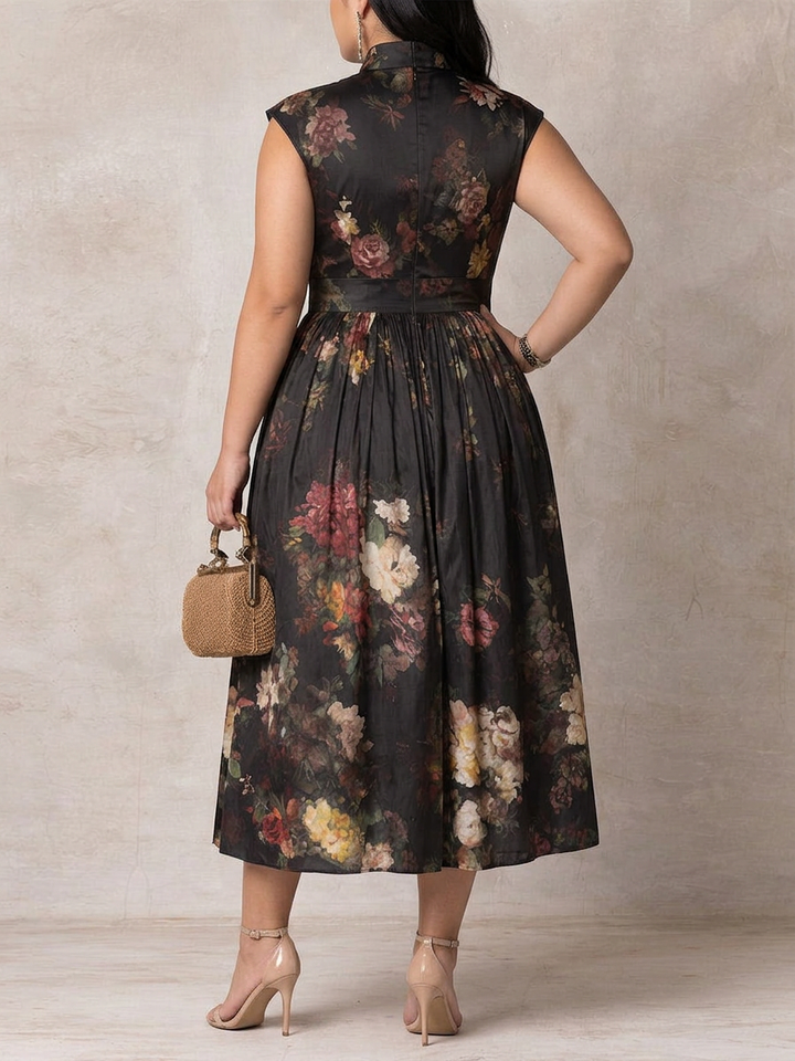 Hana | Black Floral Satin Pleated Midi Dress