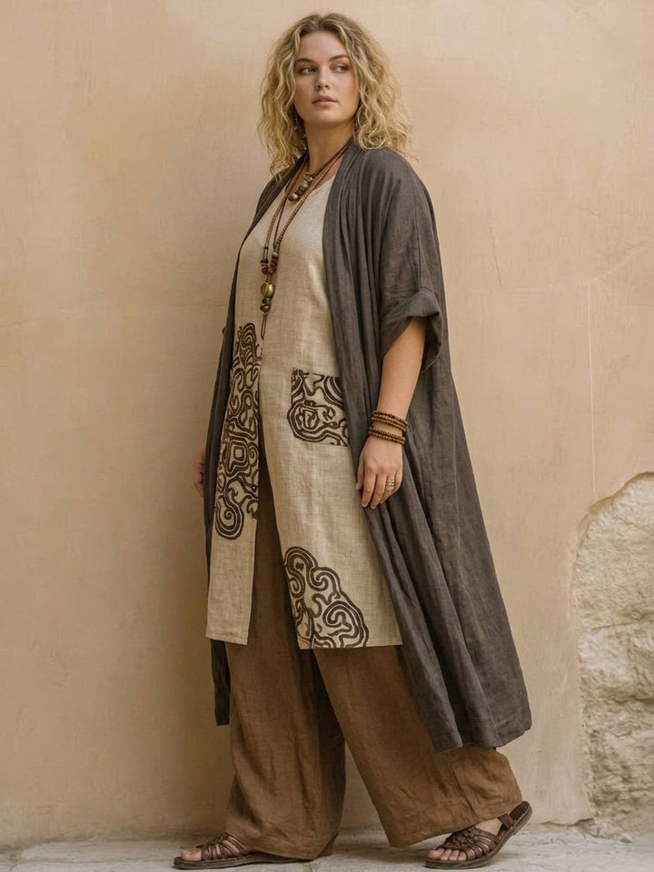 Alessia | Dark Gray &amp; Brown Tribal Print Three-Piece Set