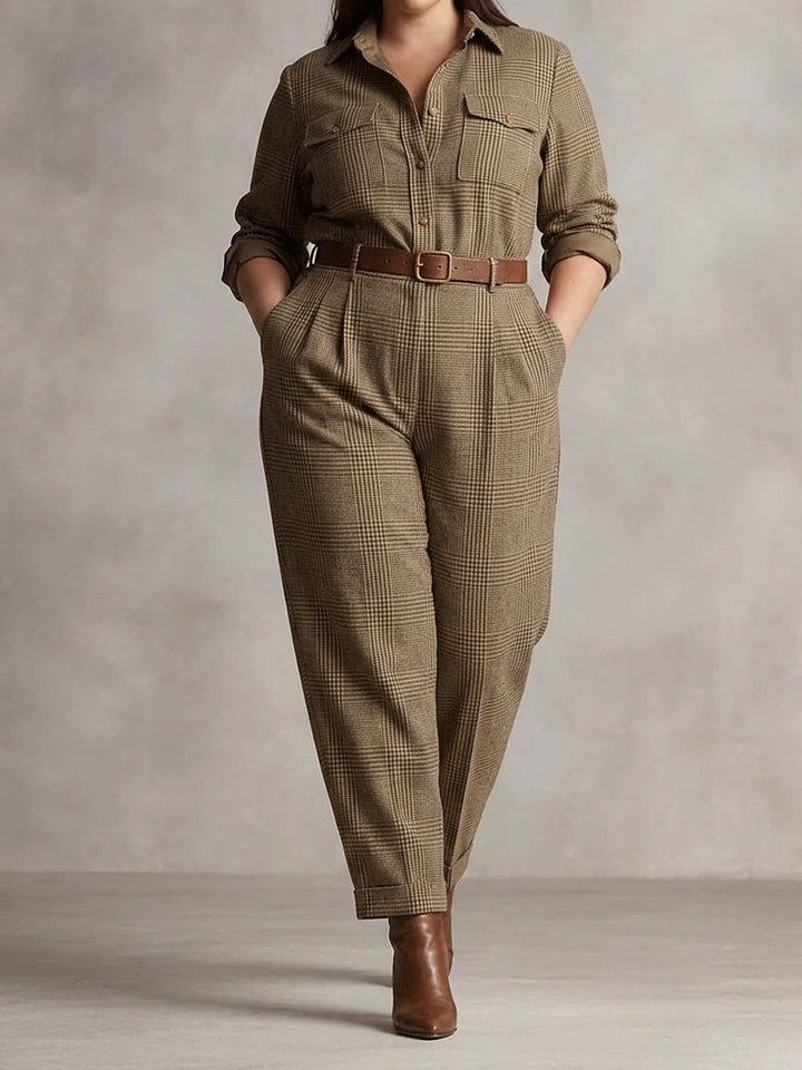 Alessia - Brown Sophisticated Plaid Jumpsuit