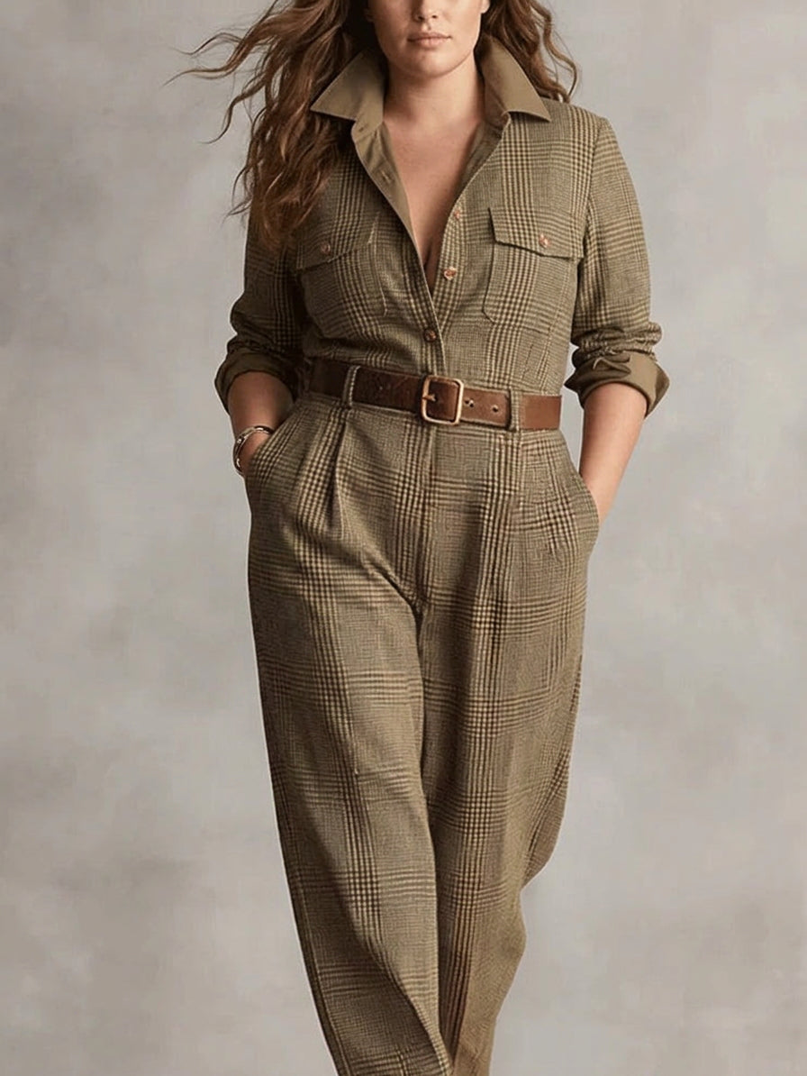 Alessia - Brown Sophisticated Plaid Jumpsuit
