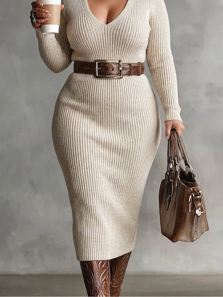 Giselle | Midi Knit Dress with Belt and Mock Turtleneck