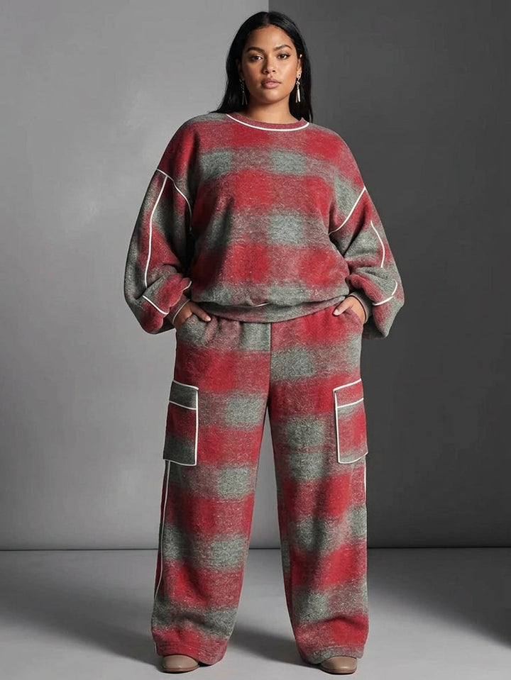 Red and Gray Checked Color-Blocked Sweatshirt and Casual Trousers Two-Piece Set