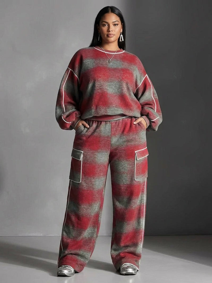 Red and Gray Checked Color-Blocked Sweatshirt and Casual Trousers Two-Piece Set