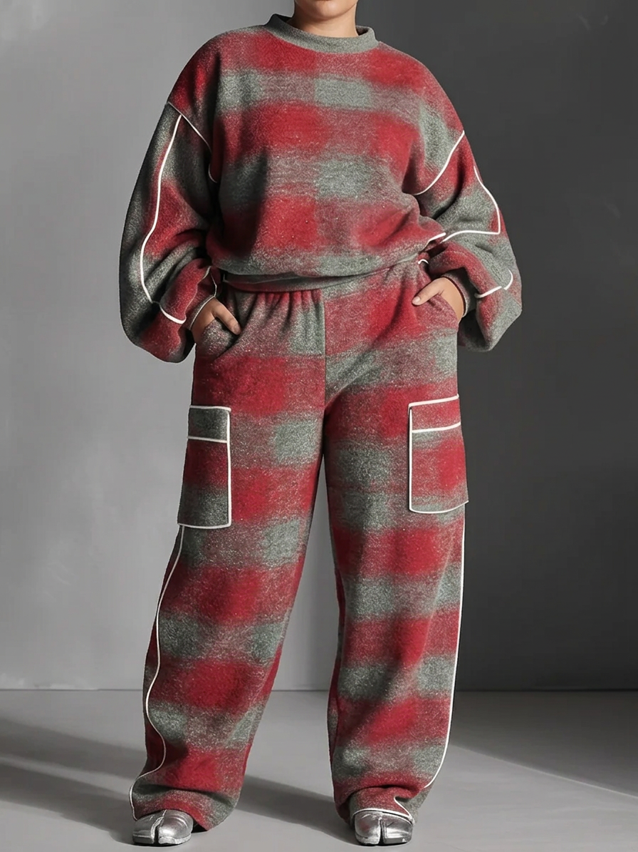 Red and Gray Checked Color-Blocked Sweatshirt and Casual Trousers Two-Piece Set