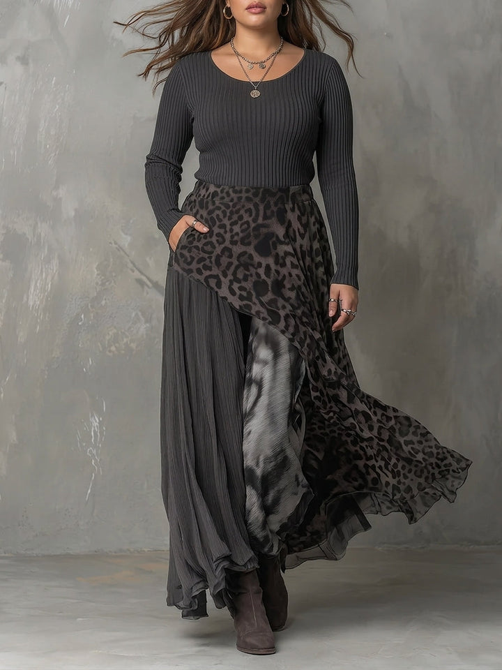 Gray Pit Stripe Leopard Print Splicing Asymmetrical Hem Maxi Dress
