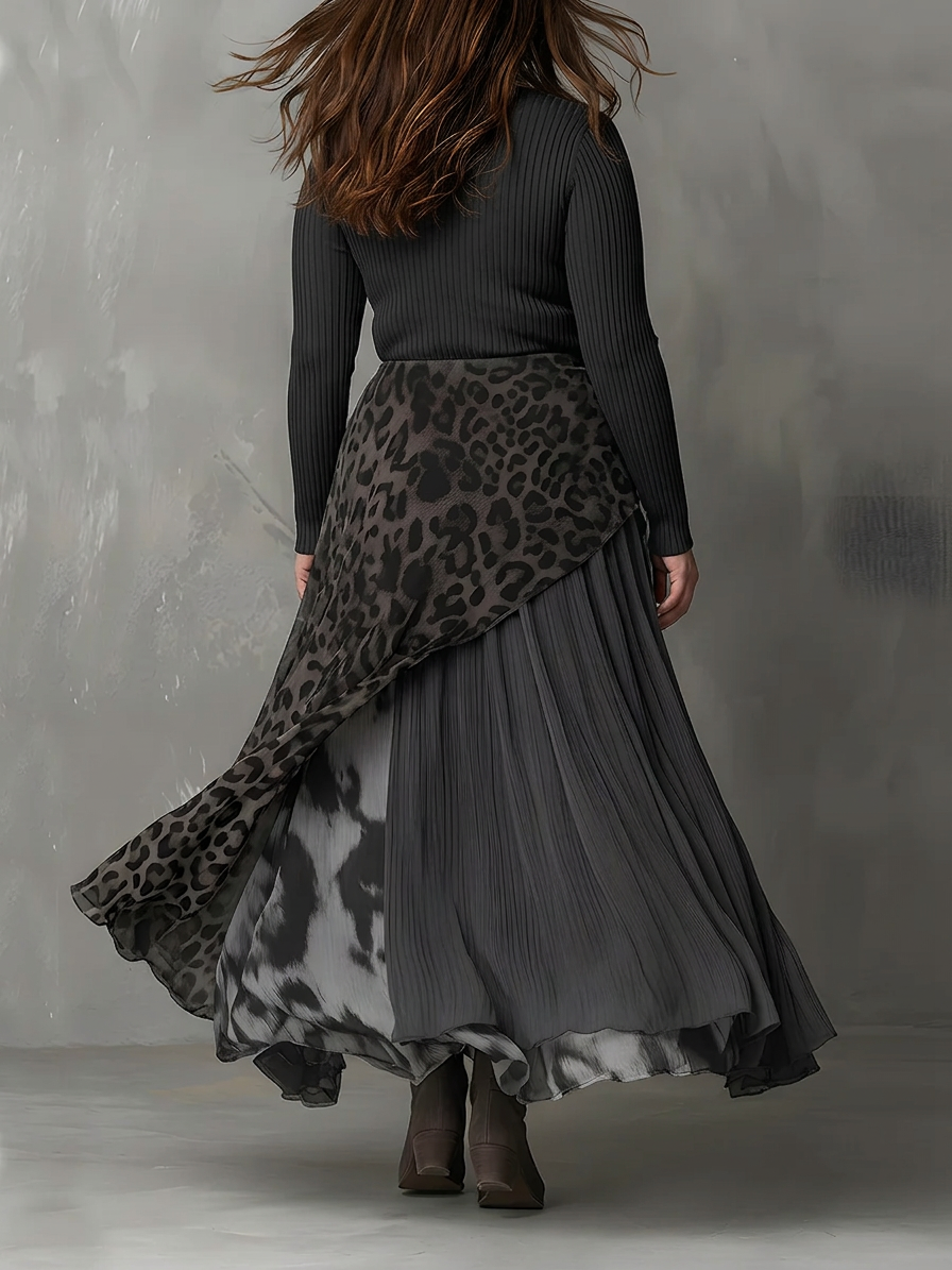 Gray Pit Stripe Leopard Print Splicing Asymmetrical Hem Maxi Dress