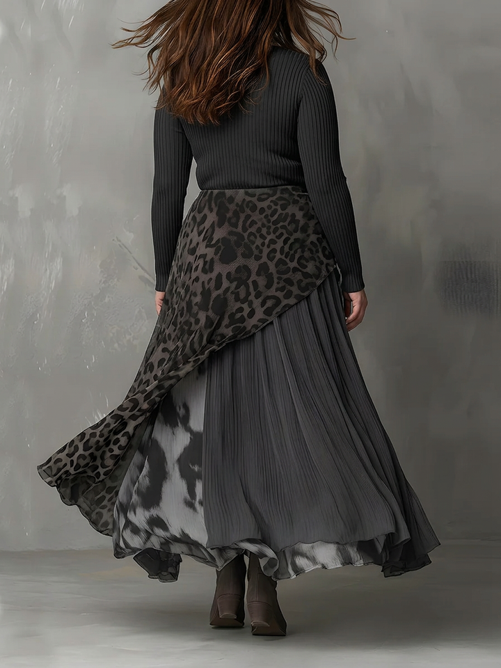 Gray Pit Stripe Leopard Print Splicing Asymmetrical Hem Maxi Dress