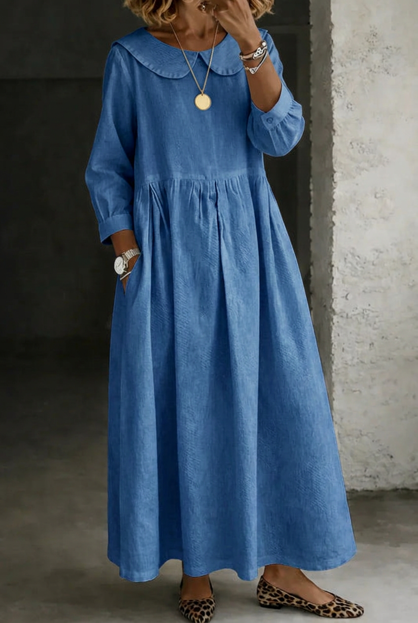 Zora | Round Neck Long Sleeve Denim Dress