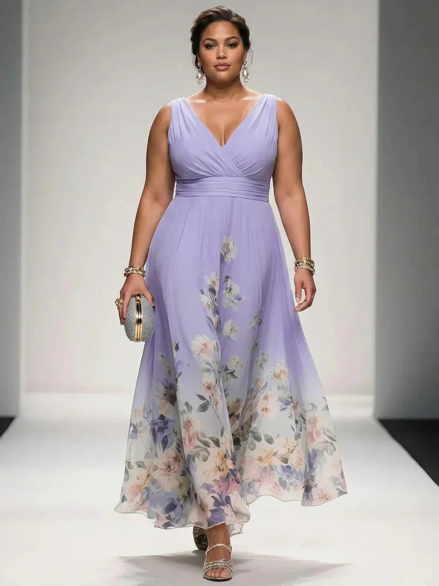 Salma | Light Blue Floral Chiffon V-Neck Maxi Dress