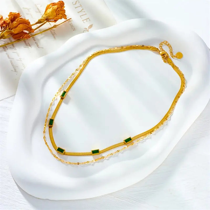 Carys Gem Double-Layer Retro Necklace | Gold