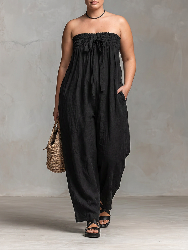 Vera - Loose-Fit Linen-Blend Strapless Jumpsuit