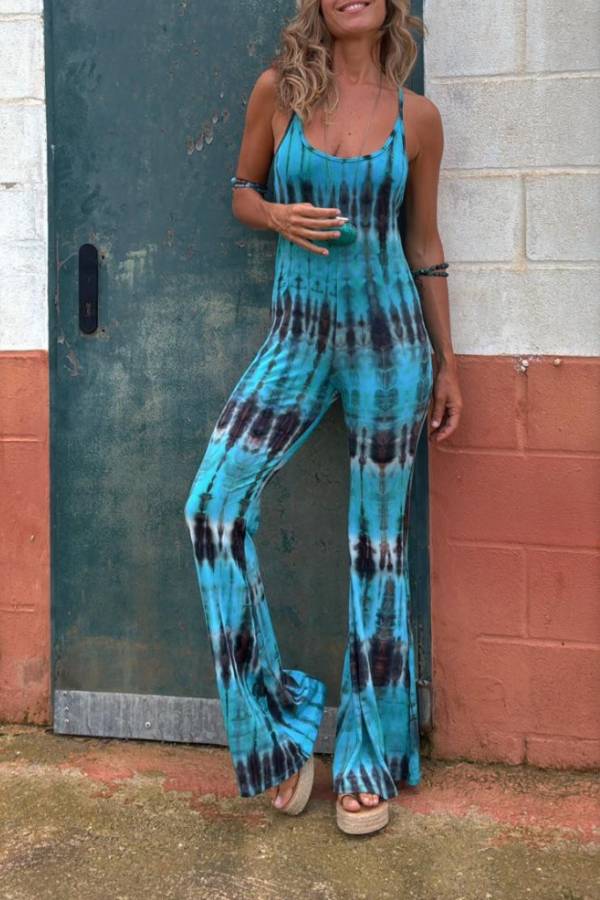 Ula Style Tie-dye Print Backless Tie-up Stretch Flared Jumpsuit