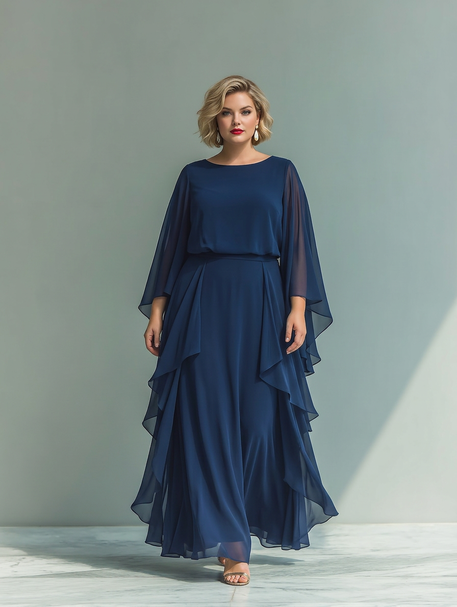 Navy Blue Chiffon Top Set with Flared Sleeves and Straight Leg Trousers with Ruché Details