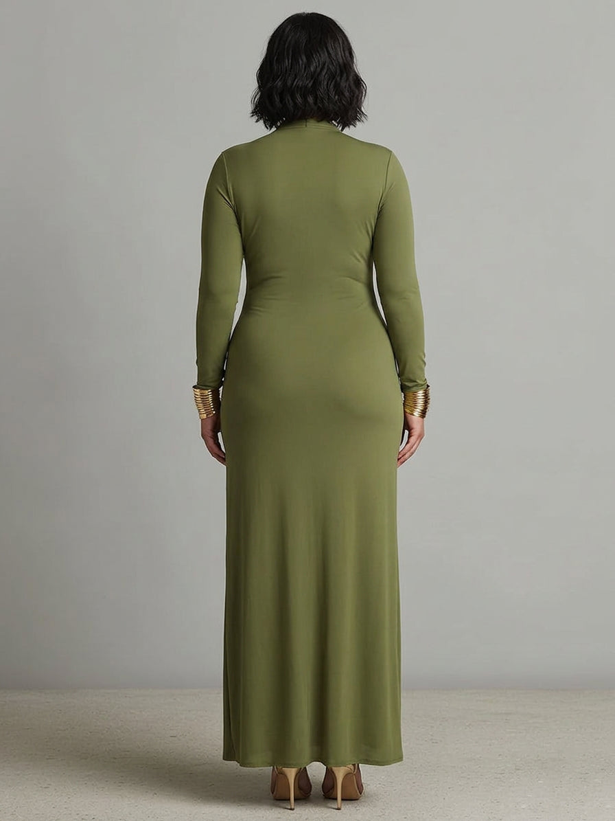Petra Green Long Dress in Stretch Silk with Deep V-Neck and Ruffled Details, Glamour Maxi Dress