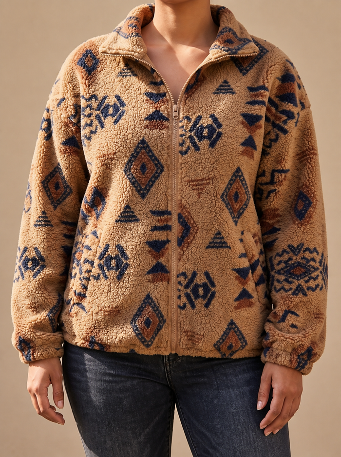Women's Aztec Sherpa Bomber Jacket with Zip Closure