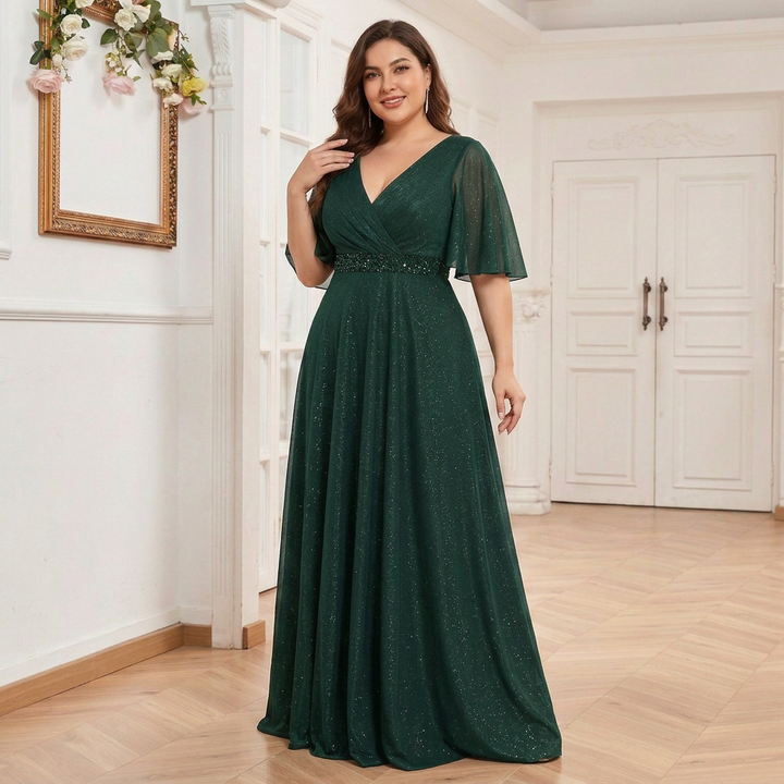 Rhea | V Neck Short Sleeve Full Length Dress
