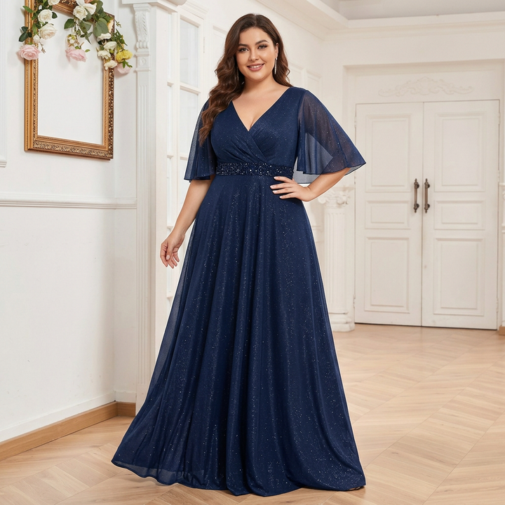 Rhea | V Neck Short Sleeve Full Length Dress