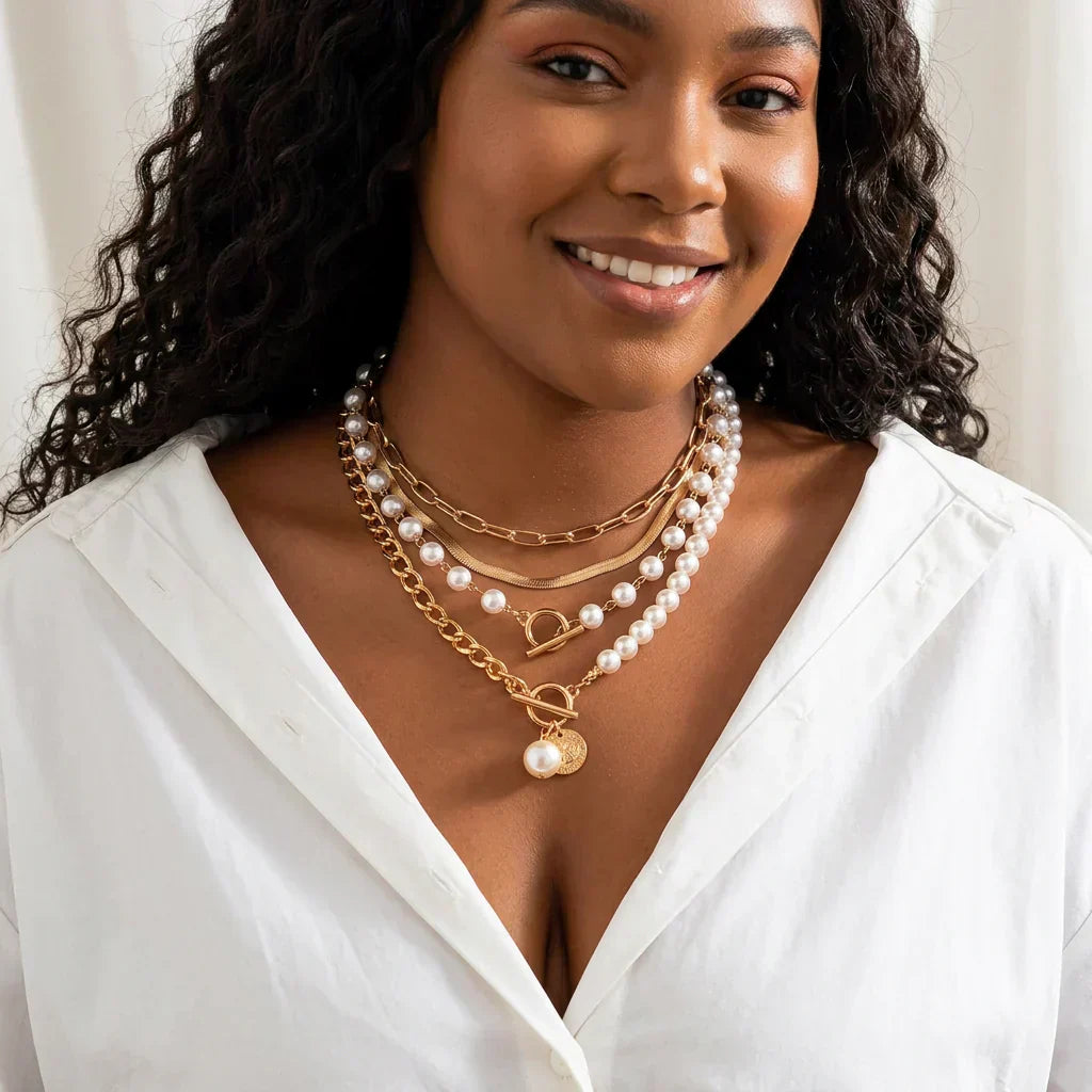 Vintage Pearl &amp; Gold Snake Chain Necklace Set | Gold