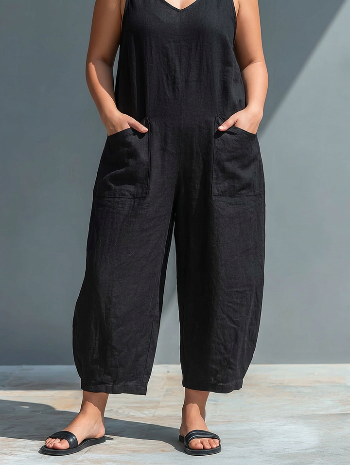 Sleeveless Minimalist Jumpsuit for Women with High Collar and Buttons