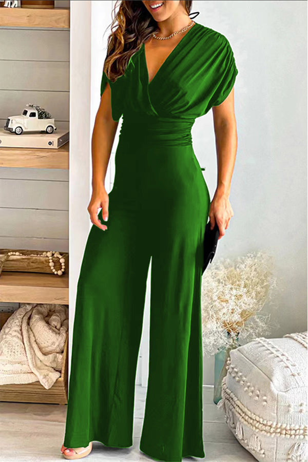 Zaina - V-neck solid slim fit Waist Wide Leg Jumpsuit
