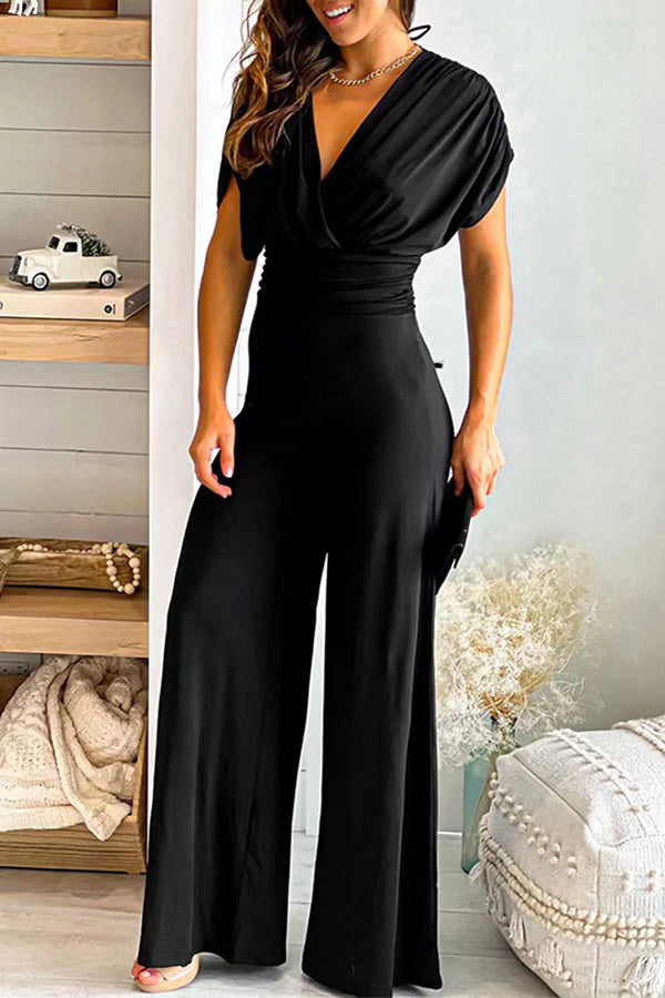 Zaina - V-neck solid slim fit Waist Wide Leg Jumpsuit