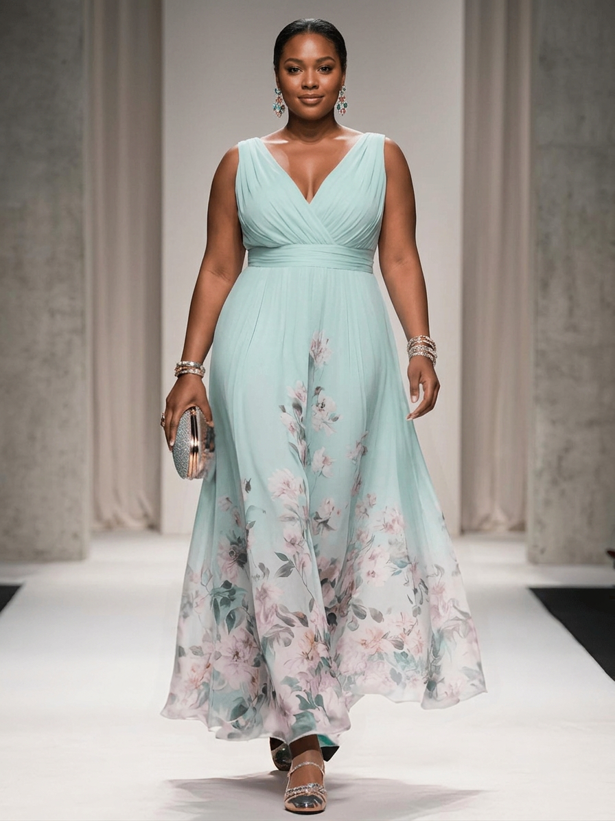 Salma | Light Blue Floral Chiffon V-Neck Maxi Dress