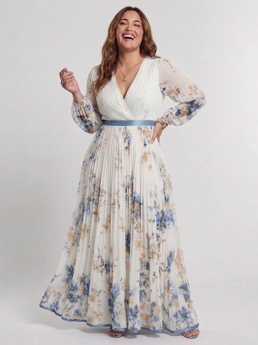 Nadia | Long Sleeve V Neck Floral Maxi Dress