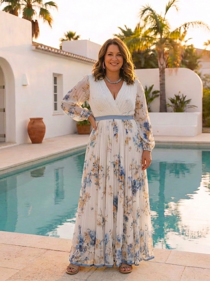 Nadia | Long Sleeve V Neck Floral Maxi Dress